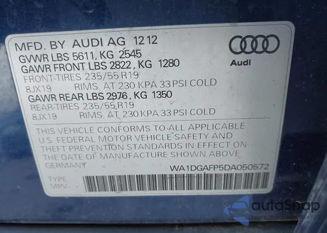 2013 Audi Q5 3.0T Premium Plus from USA, damaged, VIN WA1DGAFP5DA050572